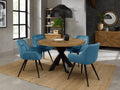 Rustic Oak Round Table 4 Blue Velvet Chairs Dining Set