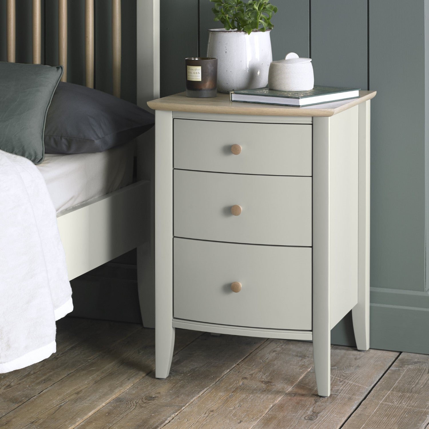 Grey Painted 3 Drawer Bedside Cabinet Oak Top