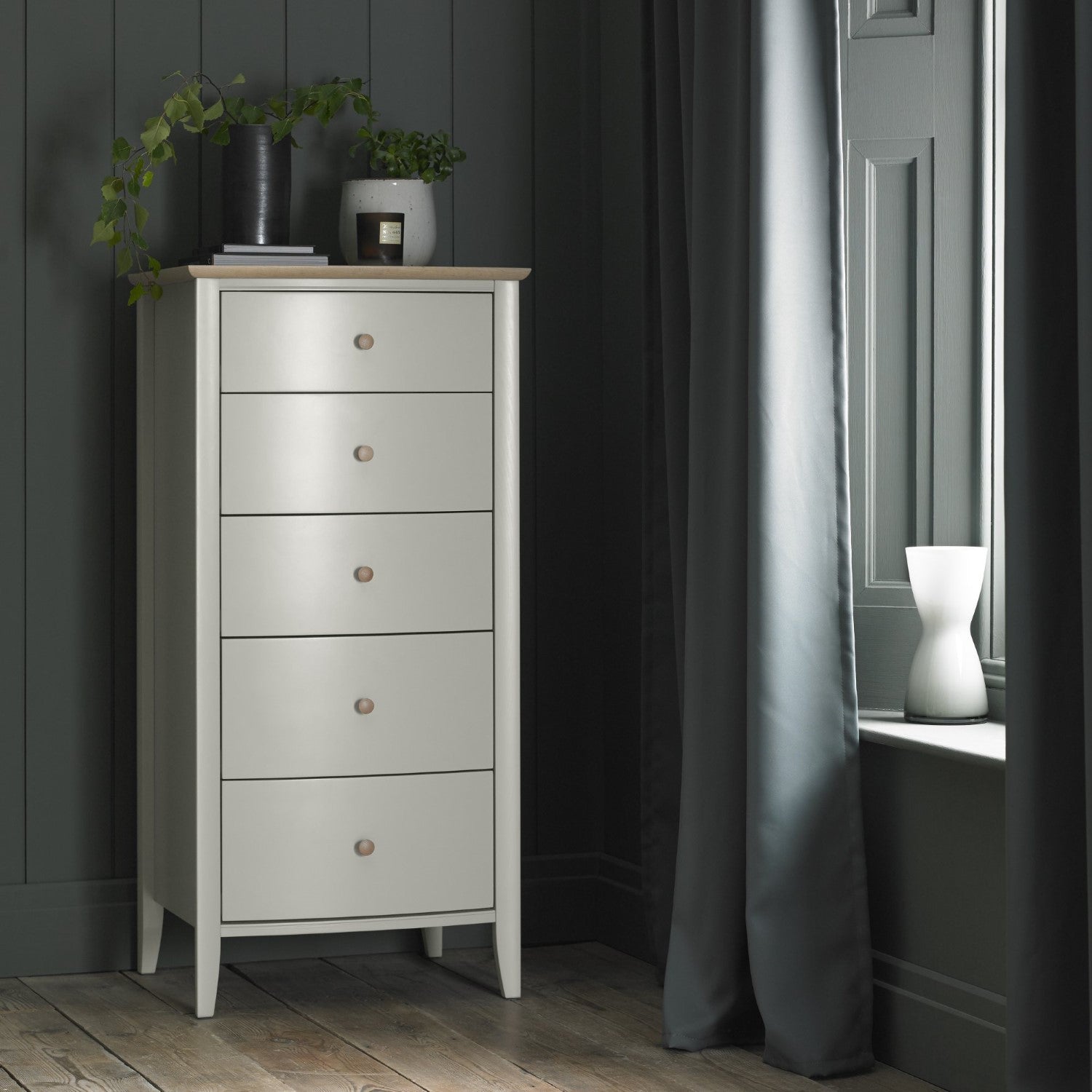 Grey Painted Oak Top Tallboy Chest of 5 Drawers