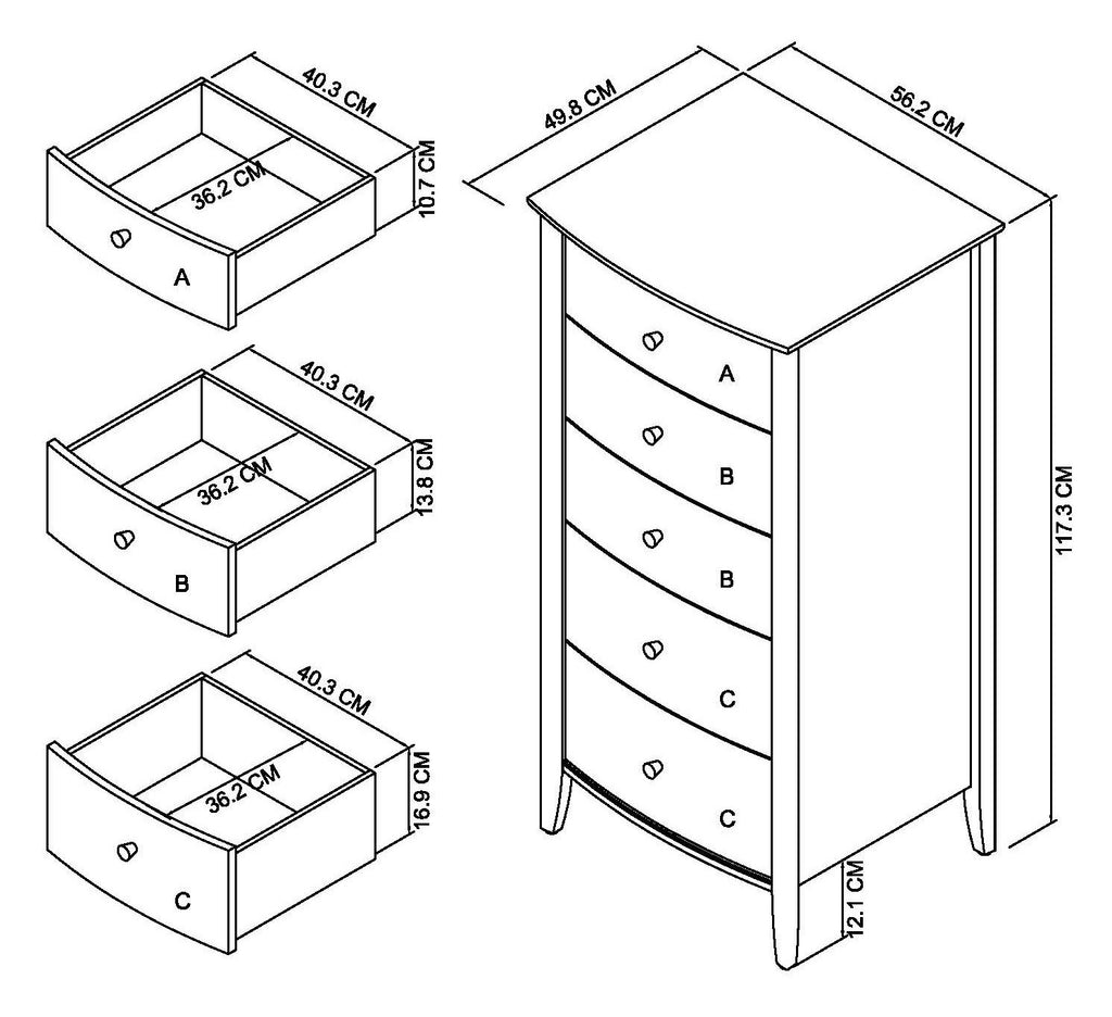 Grey Painted Oak Top Tallboy Chest of 5 Drawers - Home Furniture Interiors