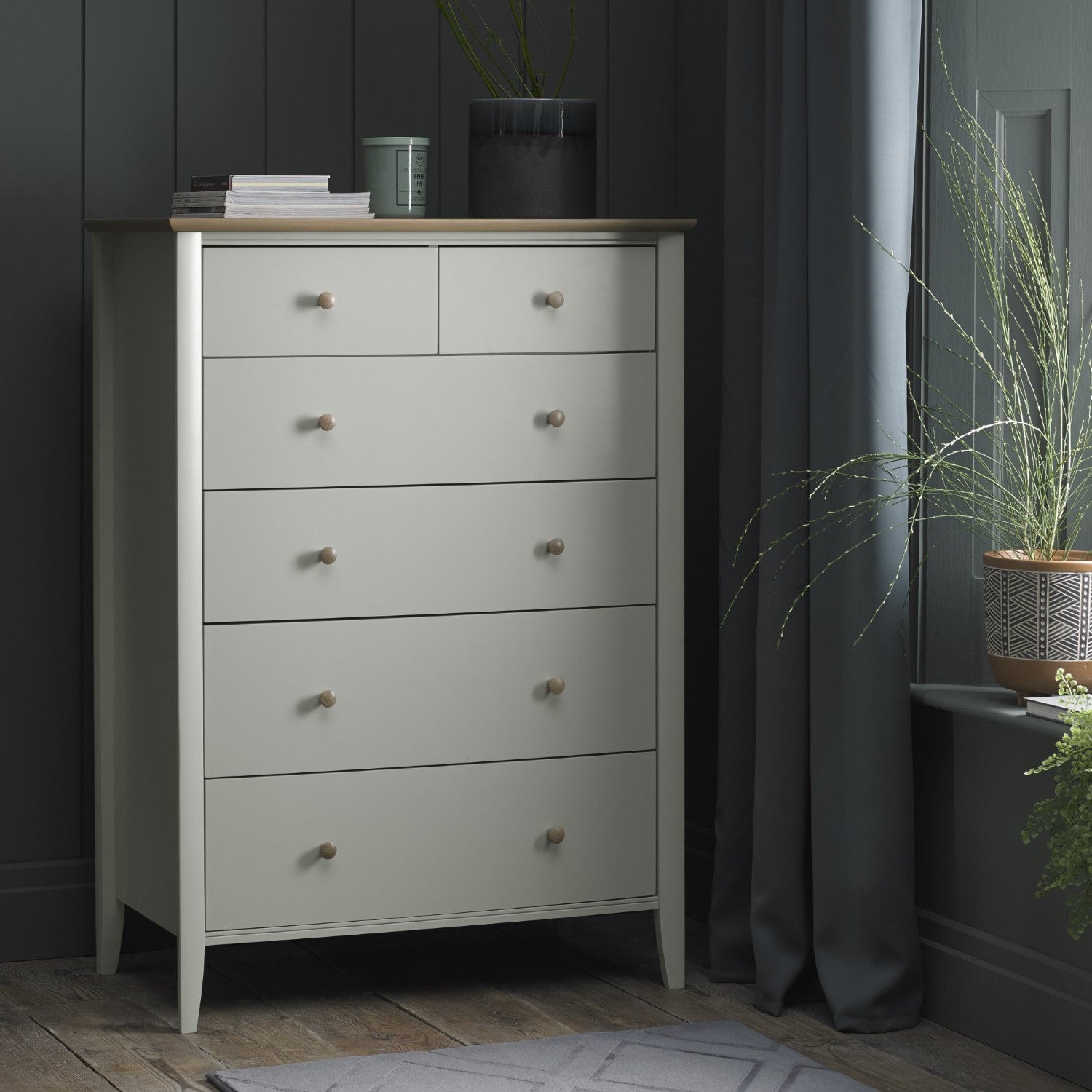Grey Painted Oak Top Tall Chest of 6 Drawers