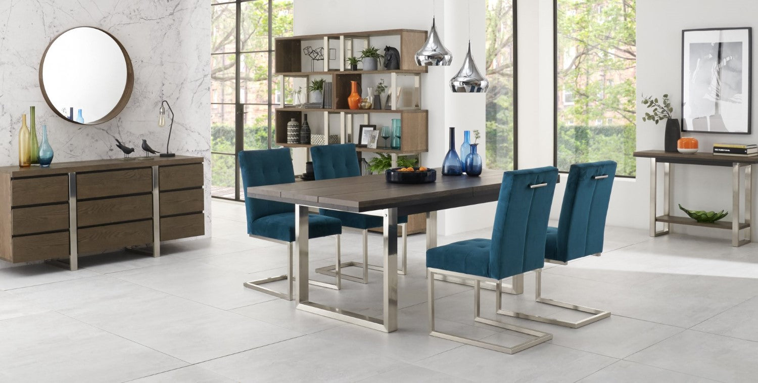 Dark Oak Chrome Extending Dining Set 4 Green Velvet Chairs - Home Furniture Interiors