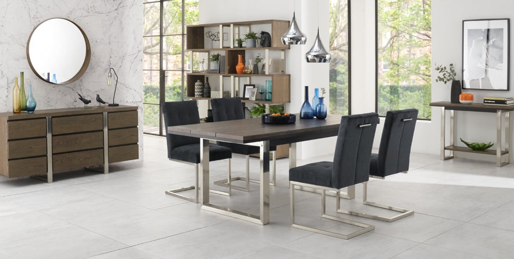 Dark Oak Chrome Extending Dining Set 4 Grey Velvet Chairs - Home Furniture Interiors