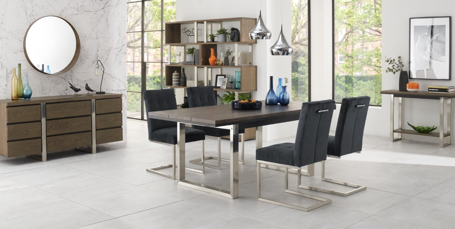 Dark Oak Chrome Extending Dining Set 4 Grey Velvet Chairs - Home Furniture Interiors