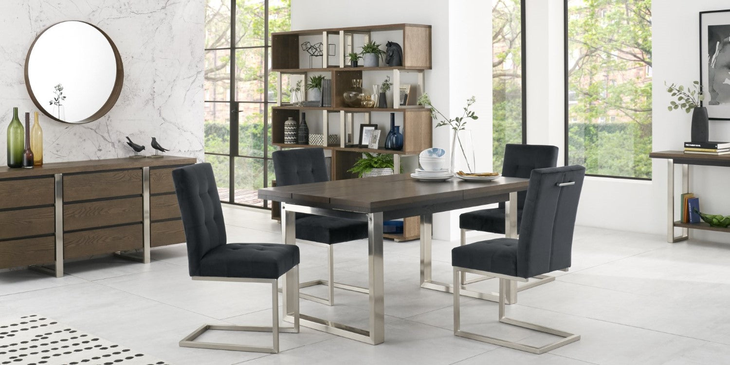 Dark Oak Chrome Extending Dining Set 4 Grey Velvet Chairs - Home Furniture Interiors