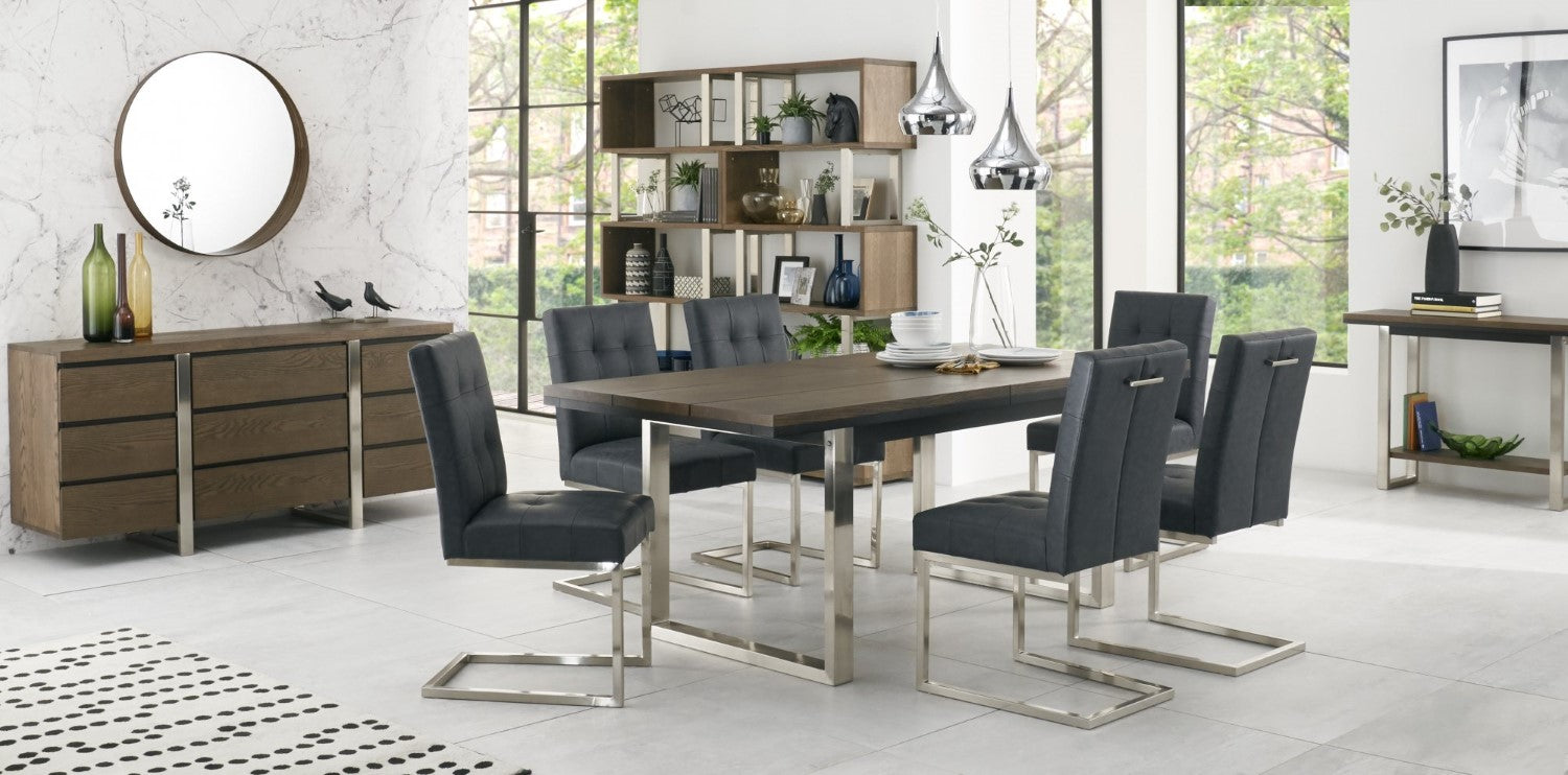 Dark Oak Chrome Extending Dining Set 6 Black Leather Chairs - Home Furniture Interiors