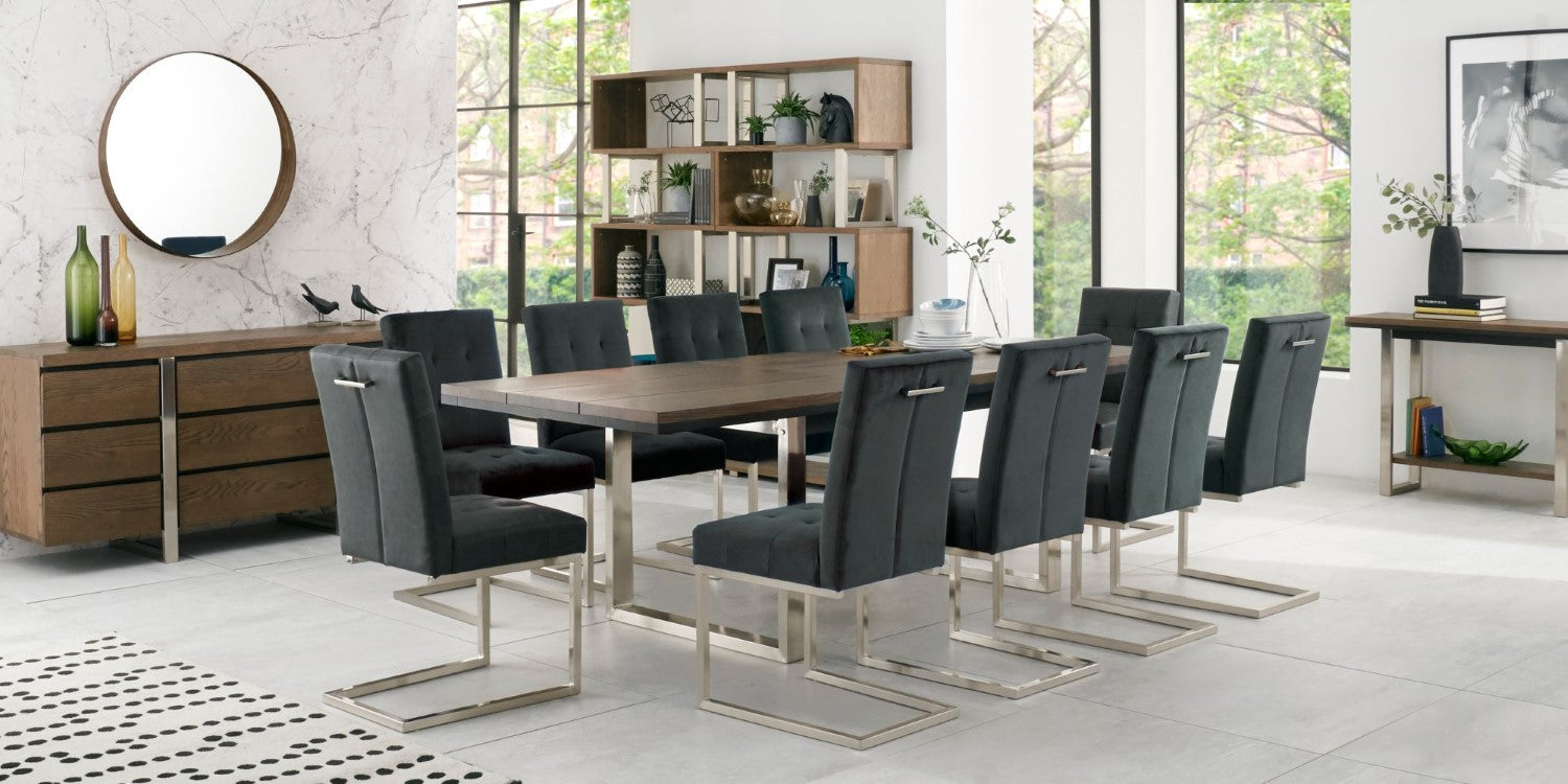 Dark Oak Chrome Extending Dining Set 10 Grey Velvet Chairs