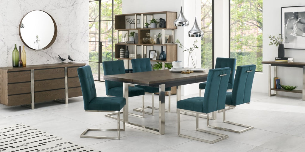 Dark Oak Chrome Extending Dining Set 6 Green Velvet Chairs