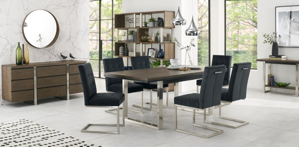 Dark Oak Chrome Extending Dining Set 6 Grey Velvet Chairs - Home Furniture Interiors
