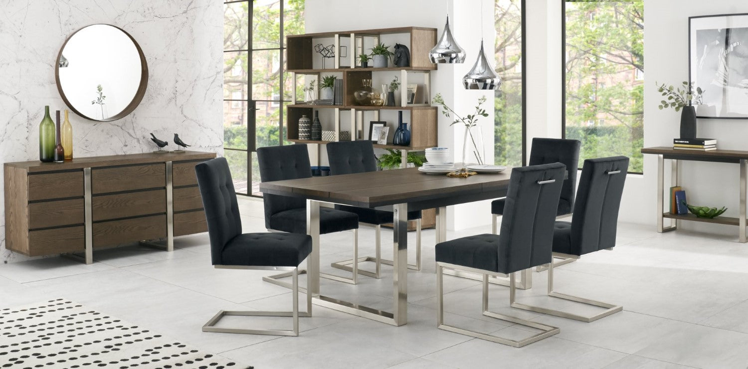 Dark Oak Chrome Extending Dining Set 6 Grey Velvet Chairs - Home Furniture Interiors