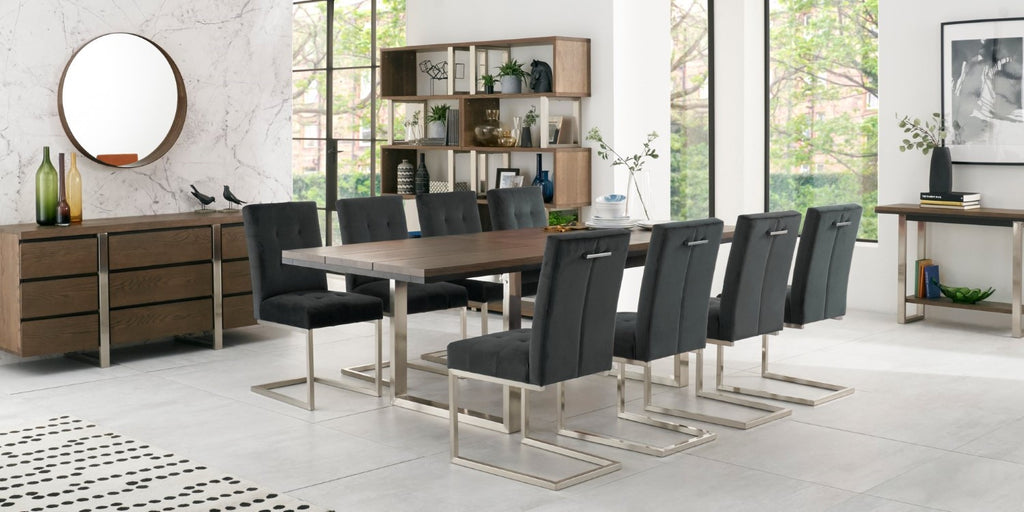 Dark Oak Chrome Extending Dining Set 8 Grey Velvet Chairs