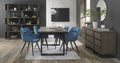 Weathered Oak extending dining table with four blue velvet chairs, Bentley Designs table and chair set, stylish and modern kitchen furniture