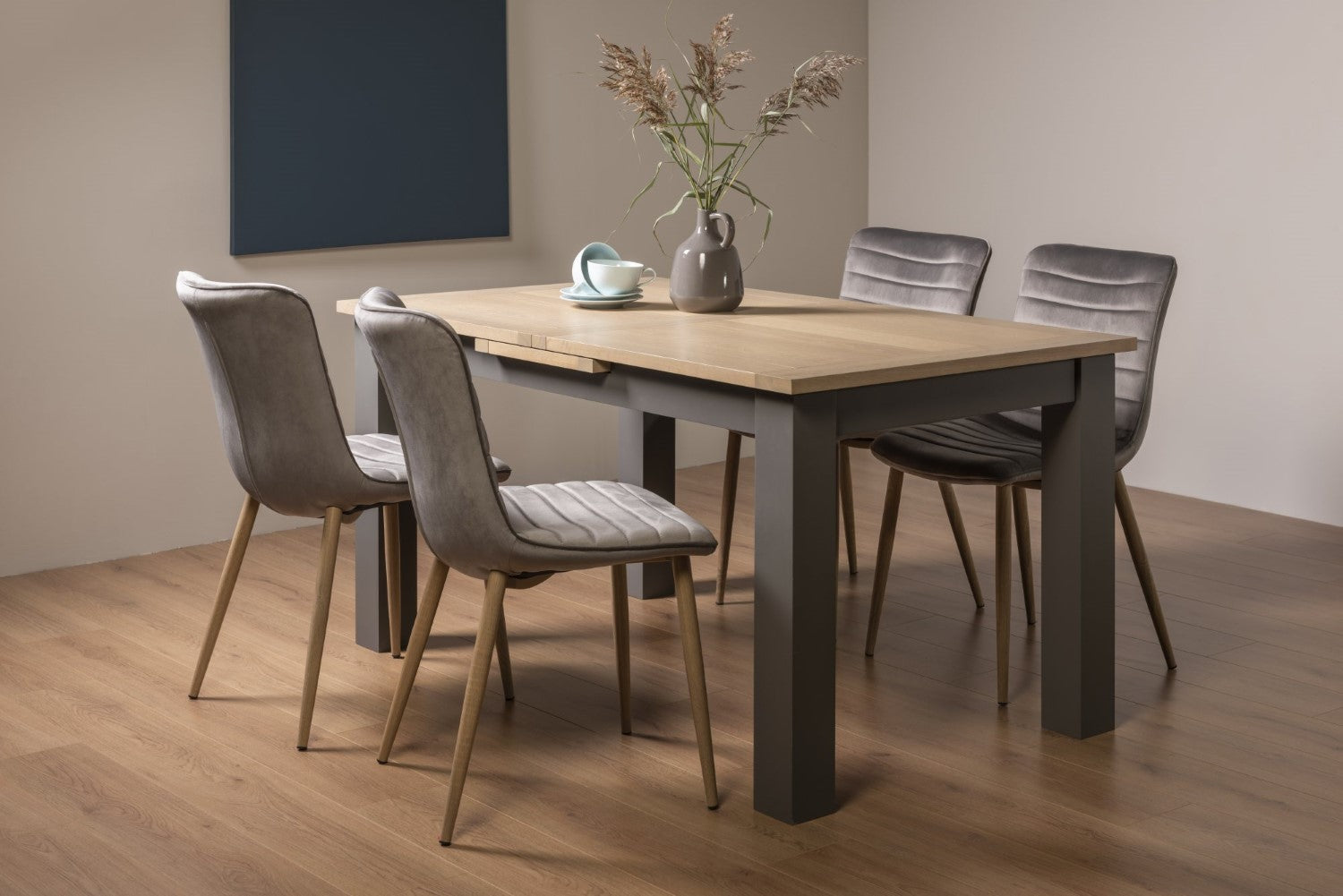 Oak Extending Dining Table Set 4 Grey Velvet Fabric Chairs