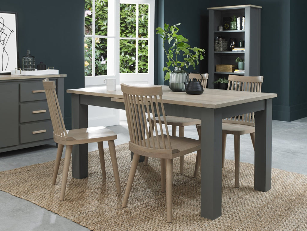 Grey Extending Dining Table Set 4 Spindle Chairs Scandi Oak