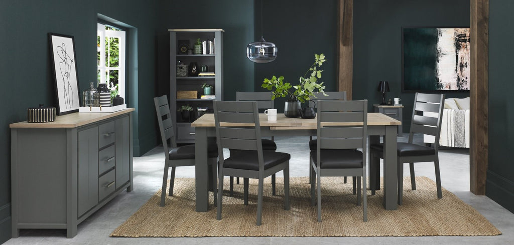 Dark Oak Extending Dining Set 6 Dark Grey Leather Chairs