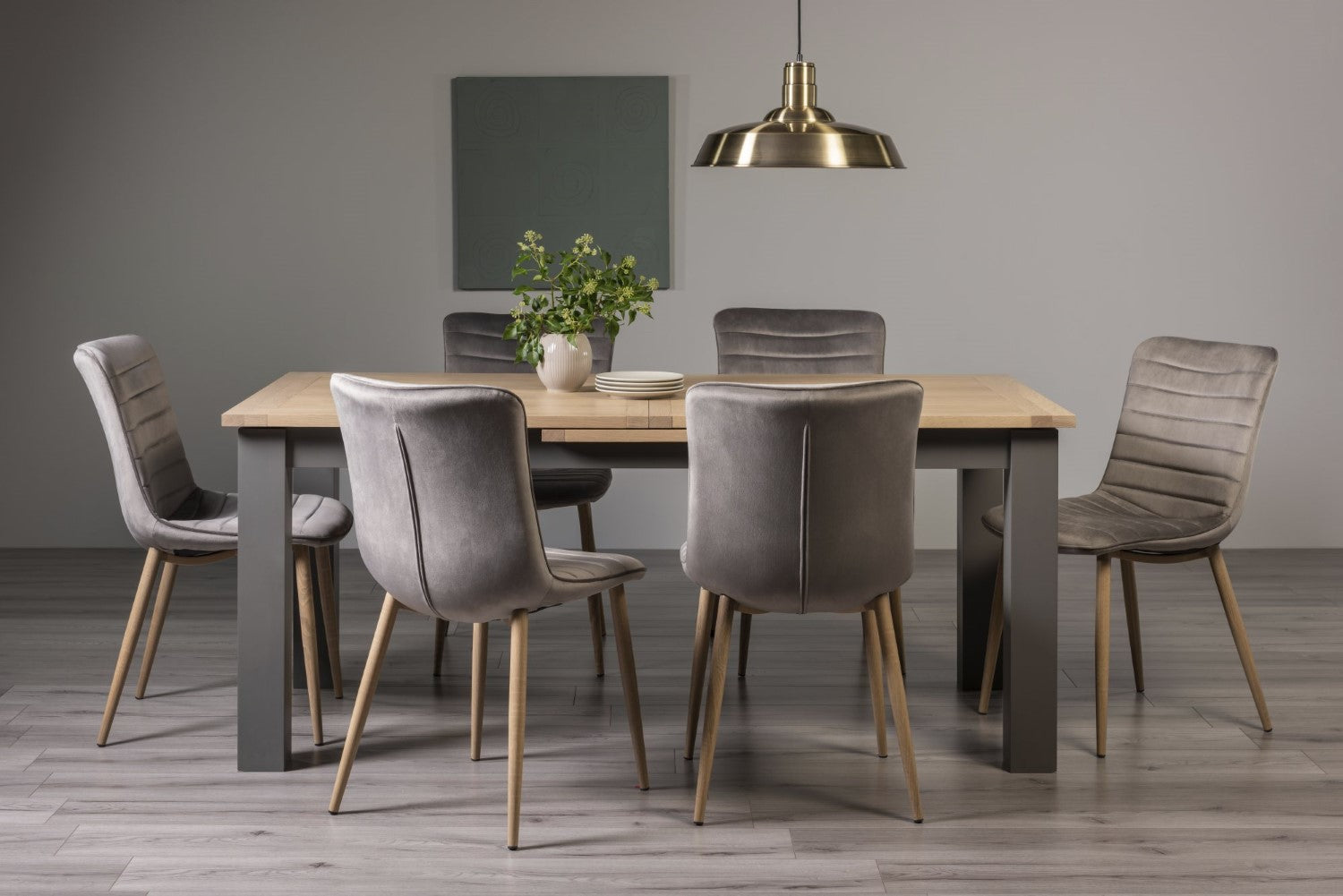 Oak 8 Seater Table 6 Grey Velvet Fabric Chairs Dining Set