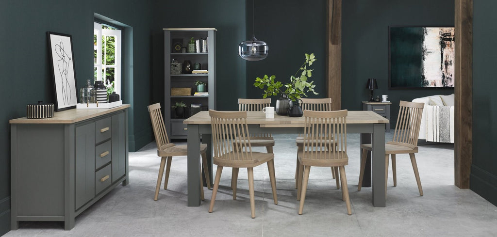 Dark Grey Oak Extending Dining Set 6 Oak Spindle Chairs