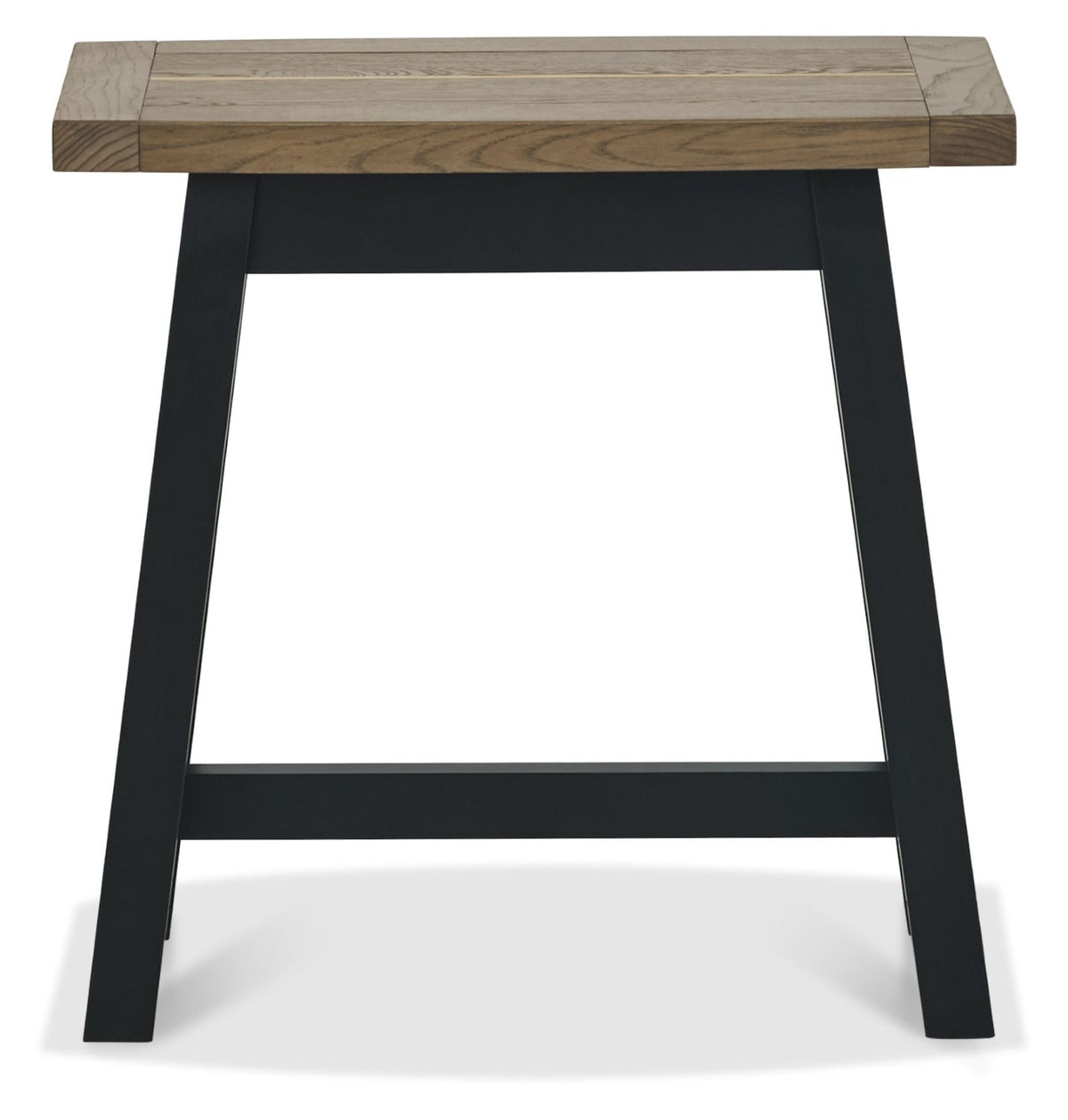 Weathered dark oak Bentley Designs side lamp and end table with black metal legs, featuring a rustic finish and compact design.