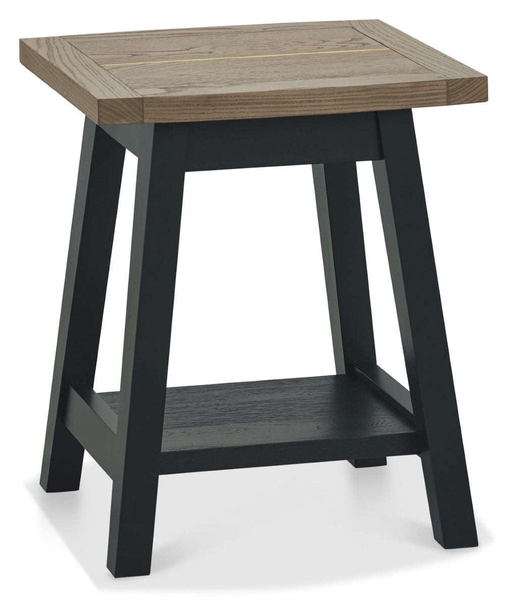 Weathered oak square side lamp table with black peppercorn base from Bentley Designs, showcasing a modern end table design.