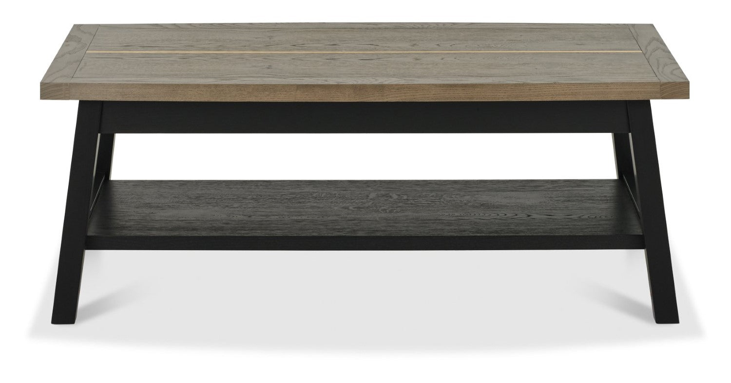 Weathered Oak Rectangular Coffee Table Brass Centre Strip - Home Furniture Interiors
