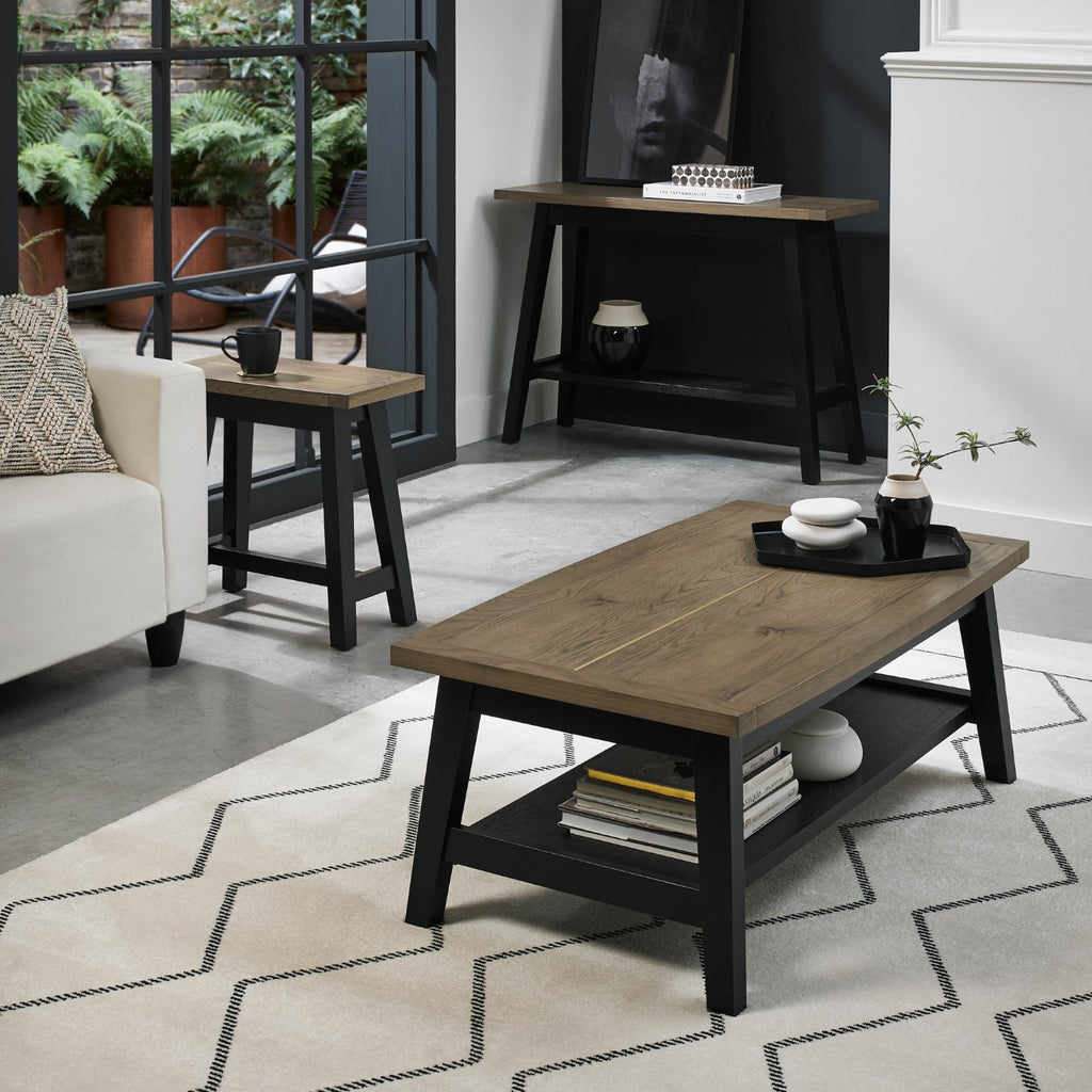 Weathered Oak Rectangular Coffee Table Brass Centre Strip - Home Furniture Interiors