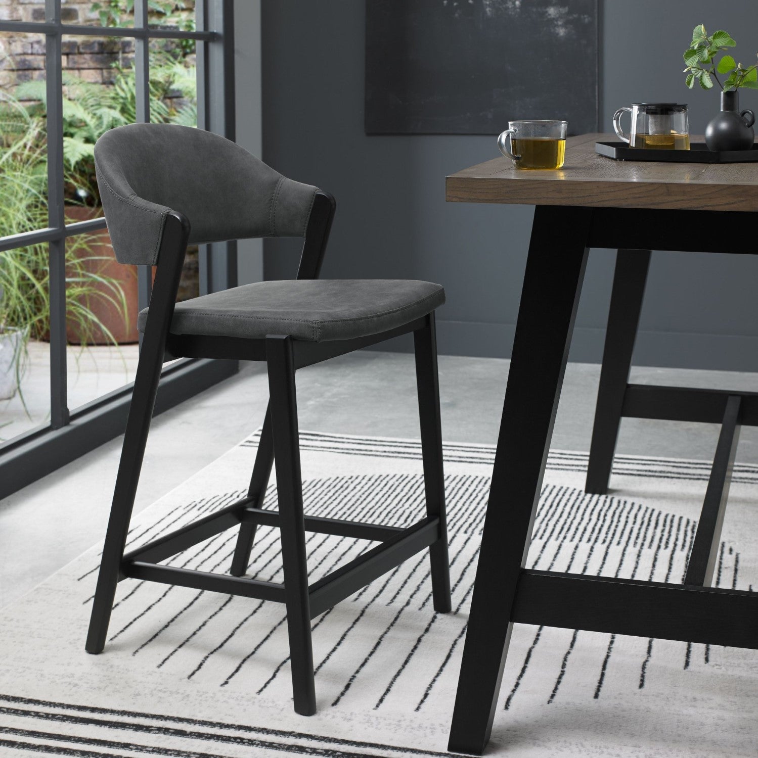 Dark Grey Fabric Curved Bar Stool Peppercorn Frame