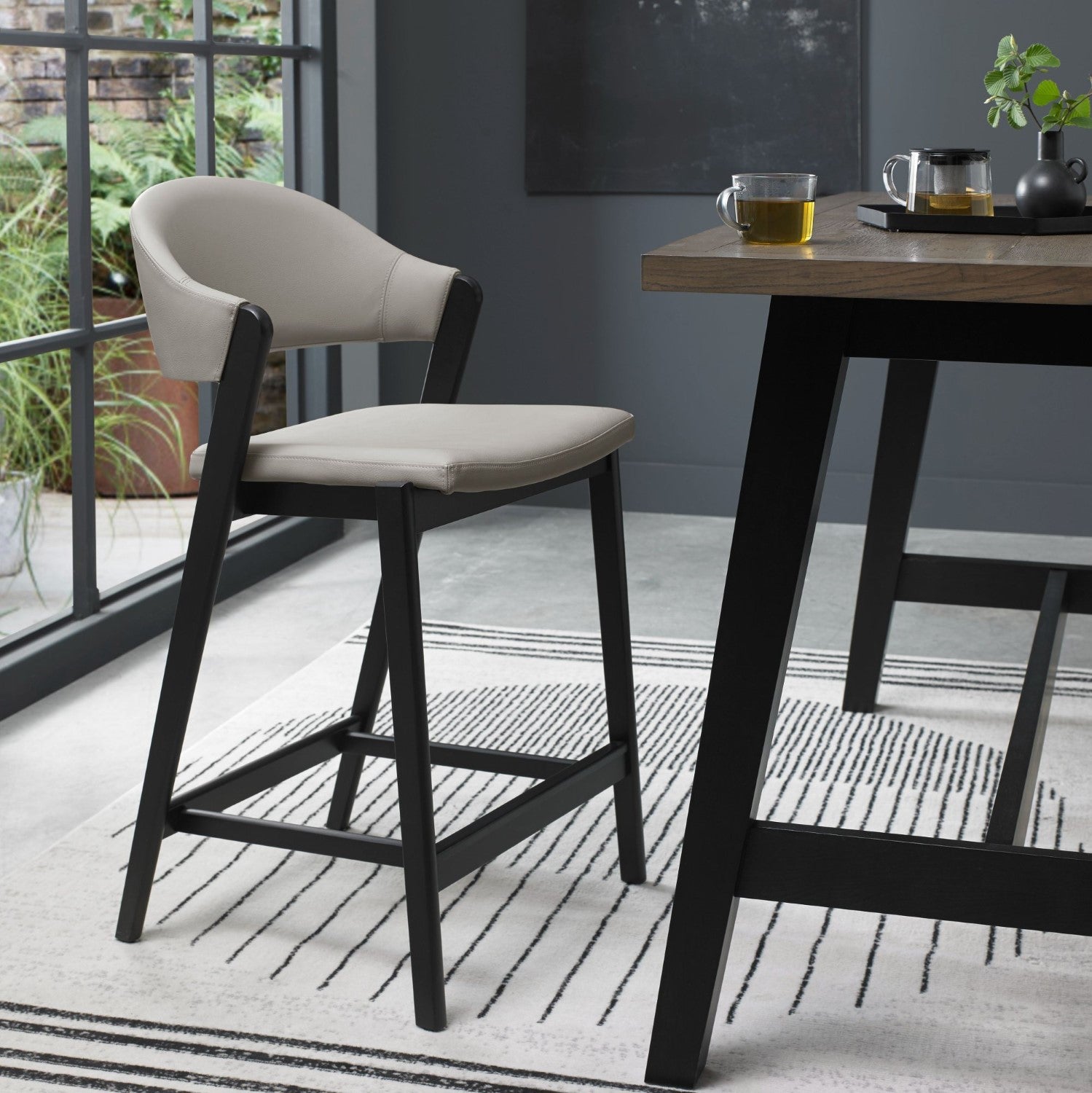 Grey Bonded Leather Curved Bar Stool Peppercorn Legs