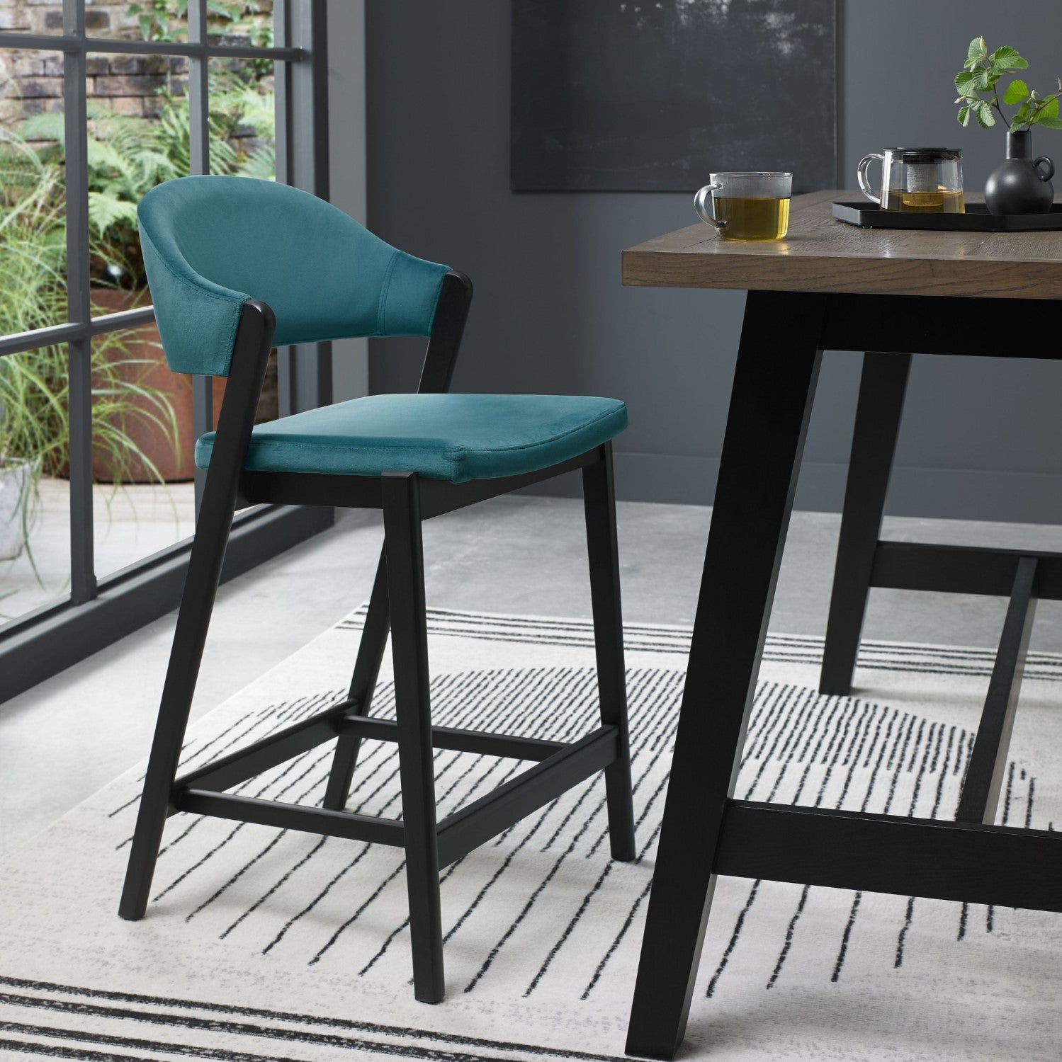 Azure Velvet Curved Bar Stool Peppercorn Frame