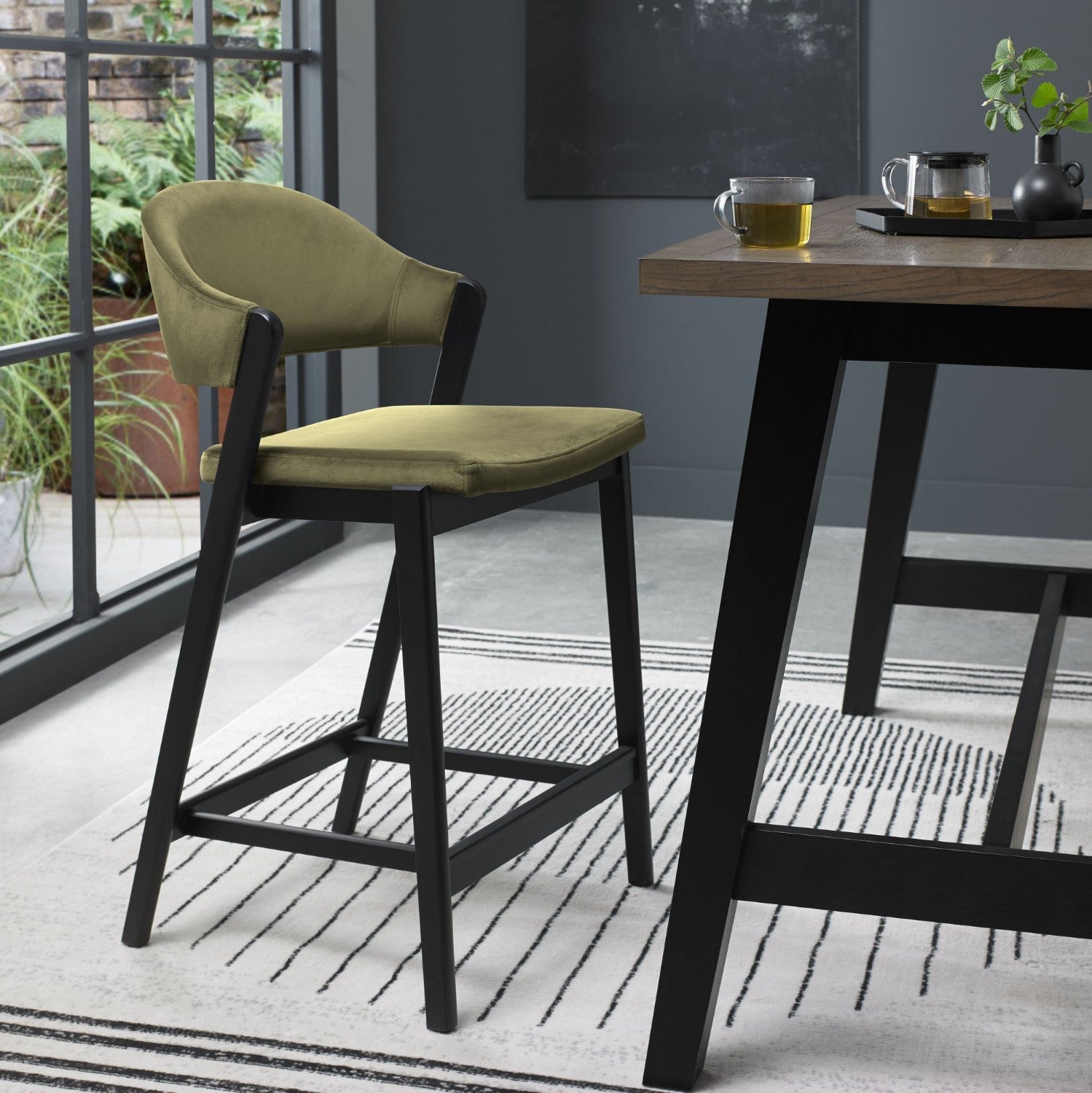 Cedar Green Velvet Curved Bar Stool Peppercorn Frame