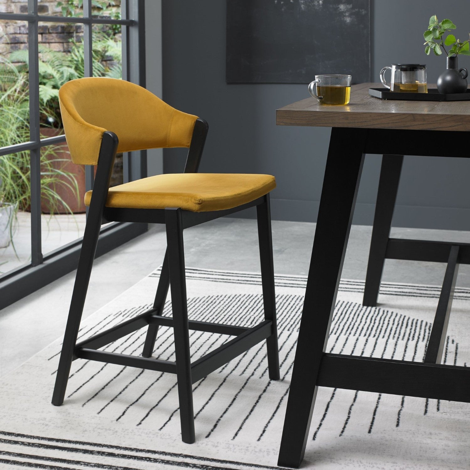 Mustard Yellow Velvet Curved Bar Stool Peppercorn Frame