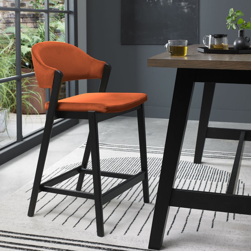 Rust Velvet Curved Bar Stool Peppercorn Frame