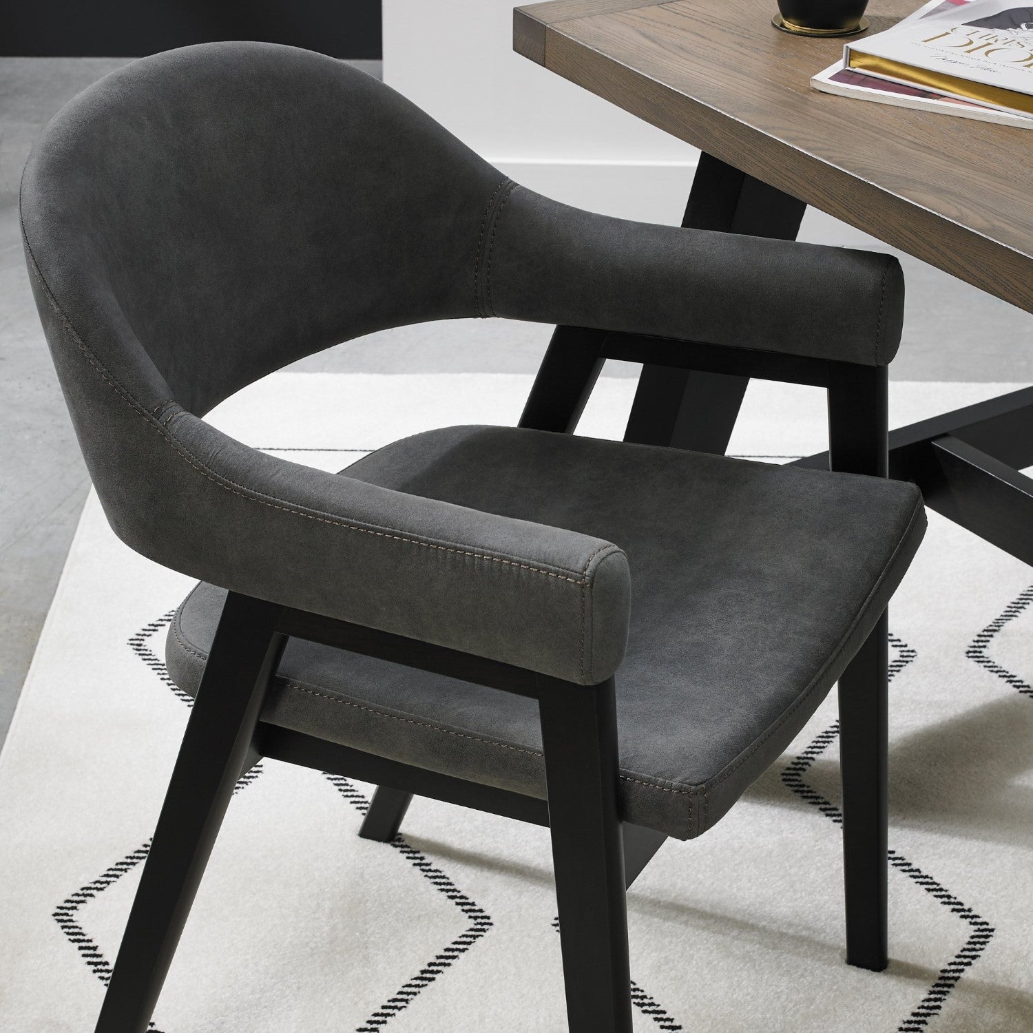 Dark Grey Velvet Fabric Dining Arm Chair Black Legs - Home Furniture Interiors