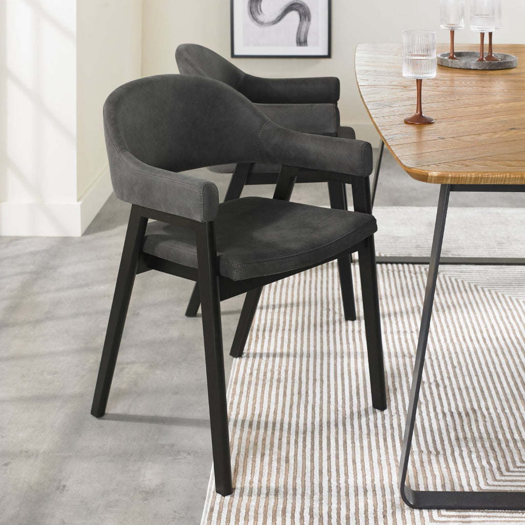 Dark Grey Velvet Fabric Dining Arm Chair Black Legs - Home Furniture Interiors