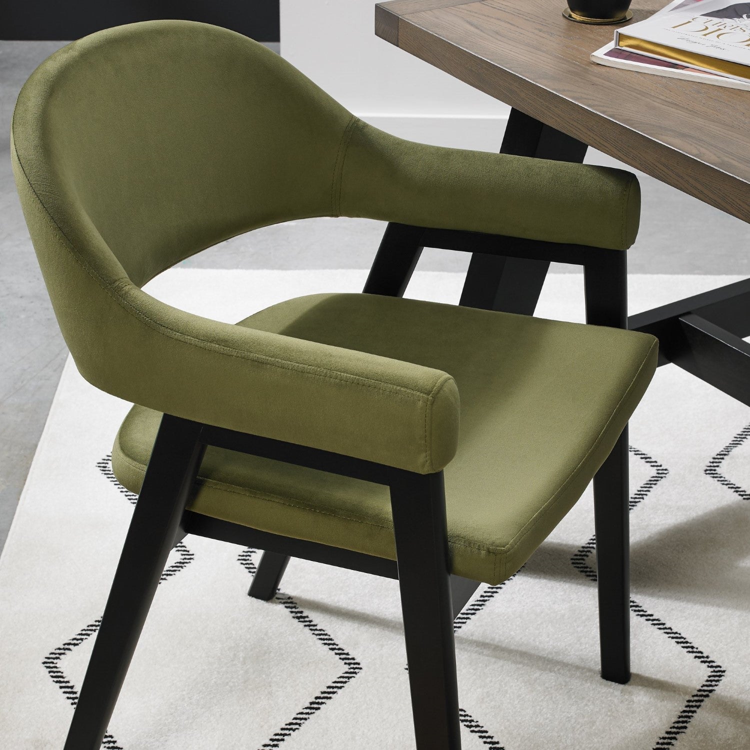 Green Velvet Fabric Dining Arm Chair - Home Furniture Interiors