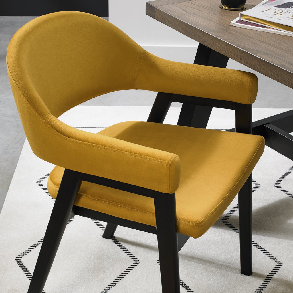 Dark Yellow Velvet Fabric Dining Arm Chair - Home Furniture Interiors