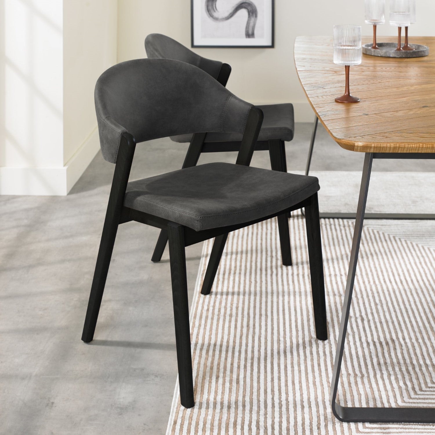 Dark Grey Fabric Black Frame Curved Back Dining Chair - Home Furniture Interiors