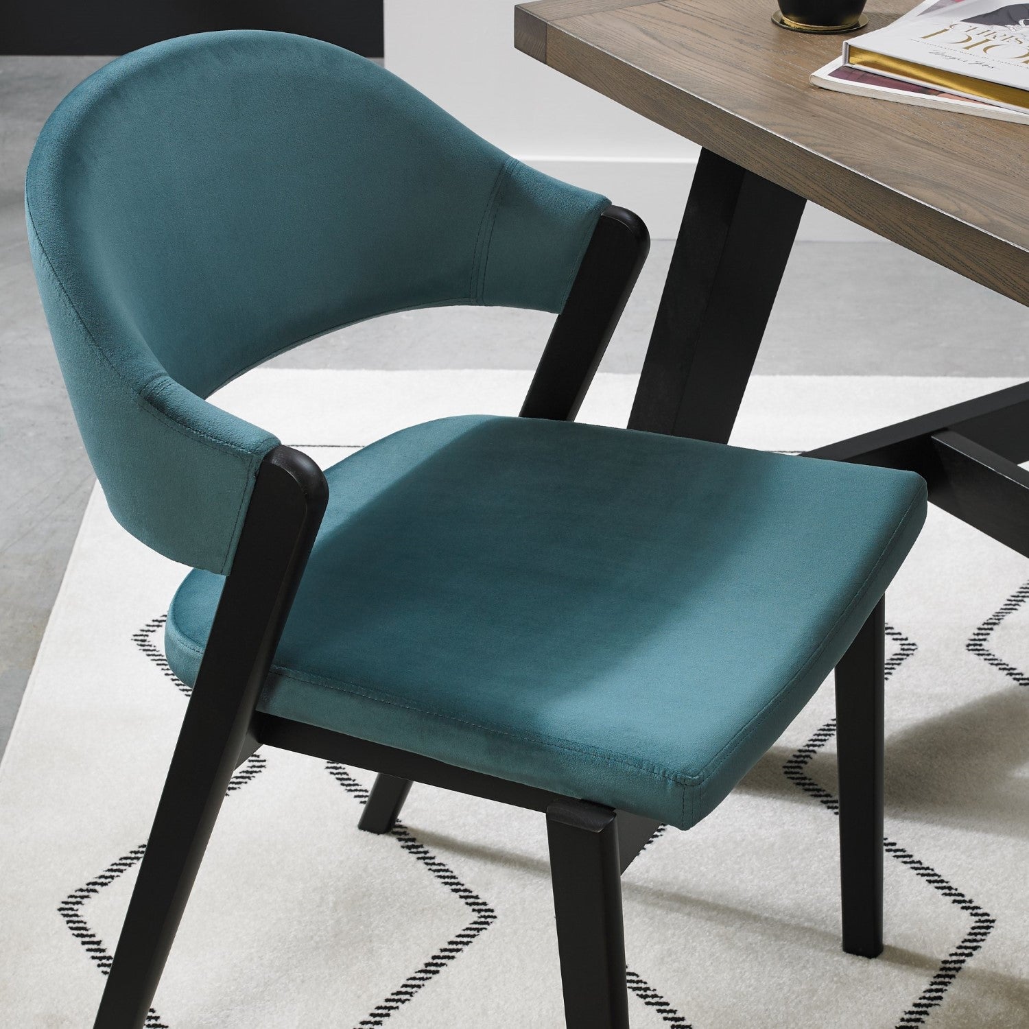 Blue Velvet Carved Back Dining Chair with Black Frame - Home Furniture Interiors
