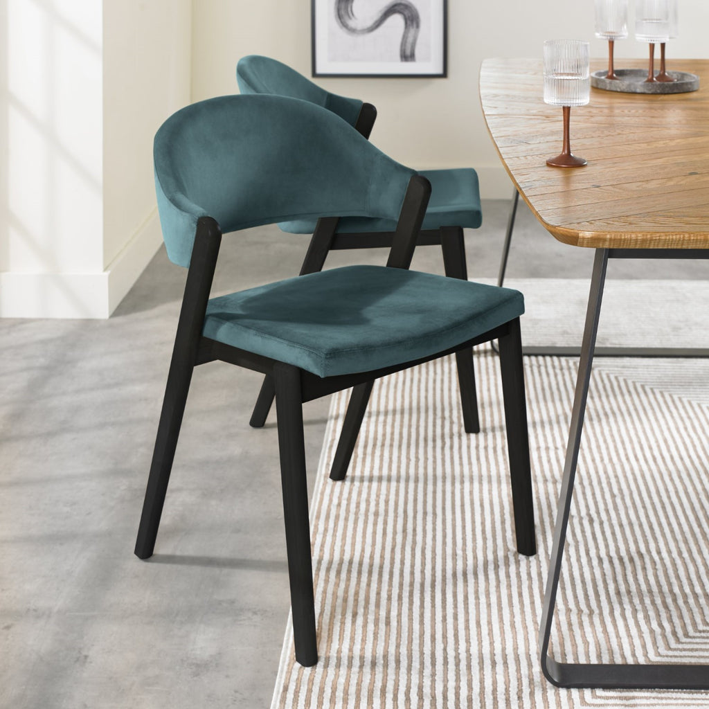Blue Velvet Carved Back Dining Chair with Black Frame - Home Furniture Interiors