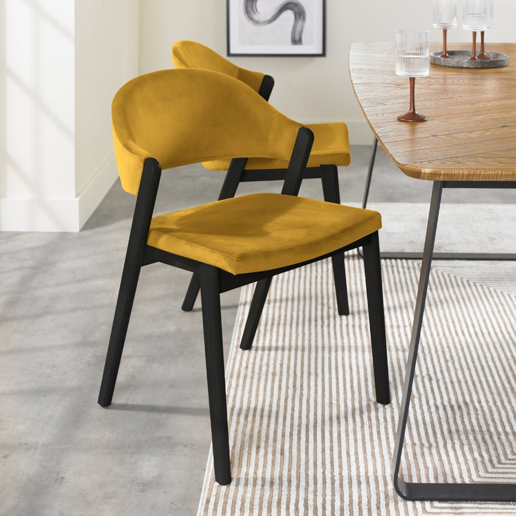 Yellow Velvet Upholstered Dining Chair Peppercorn Legs - Home Furniture Interiors