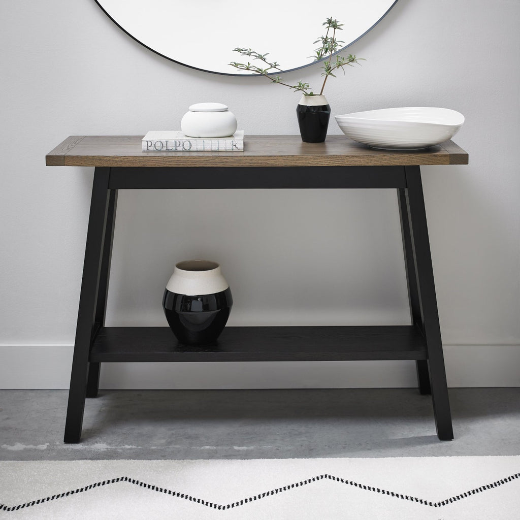 Weathered Oak Console Table with Shelf Black Peppercorn Base