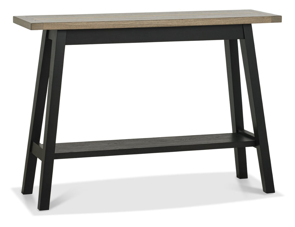 Weathered Oak Console Table with Shelf Black Peppercorn Base - Home Furniture Interiors