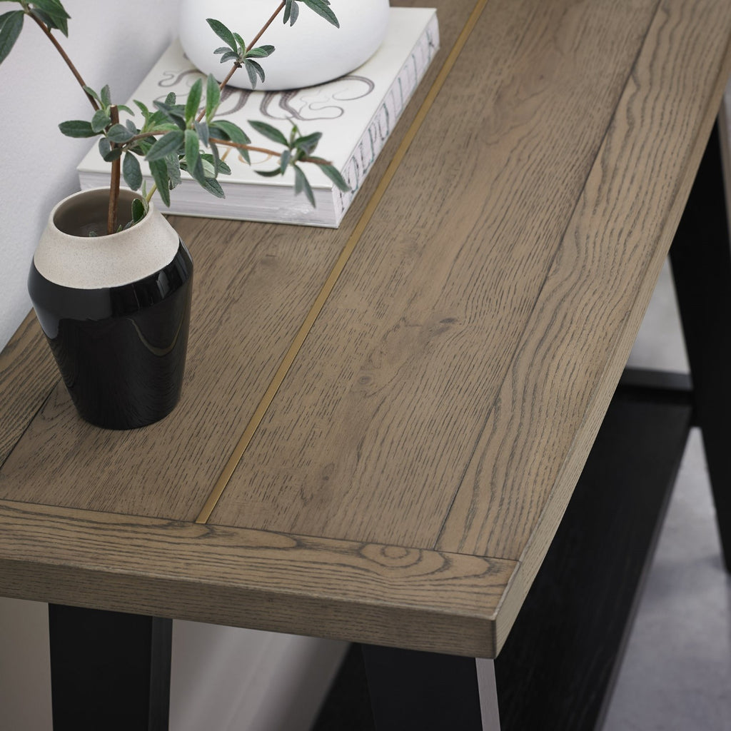 Weathered Oak Console Table with Shelf Black Peppercorn Base - Home Furniture Interiors