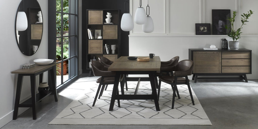 Weathered Oak Dining Table Set 4 Dark Grey Fabric Arm Chairs - Home Furniture Interiors