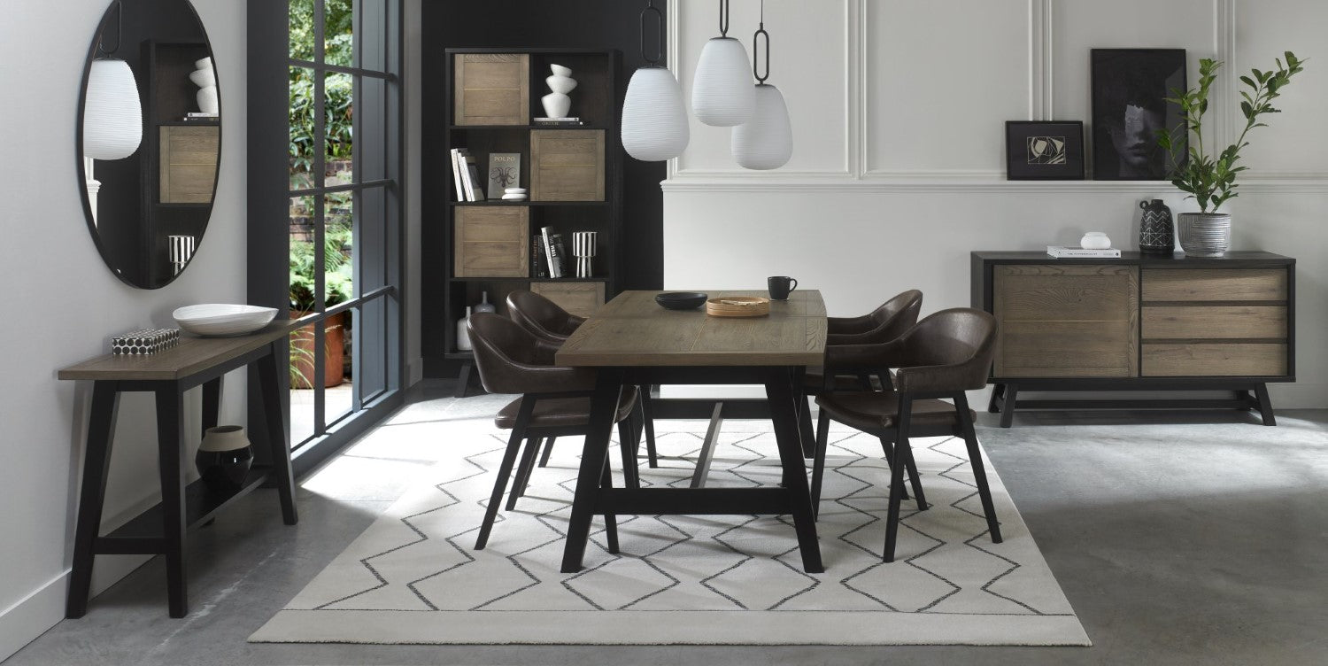 Weathered Oak Dining Table Set 4 Dark Grey Fabric Arm Chairs - Home Furniture Interiors