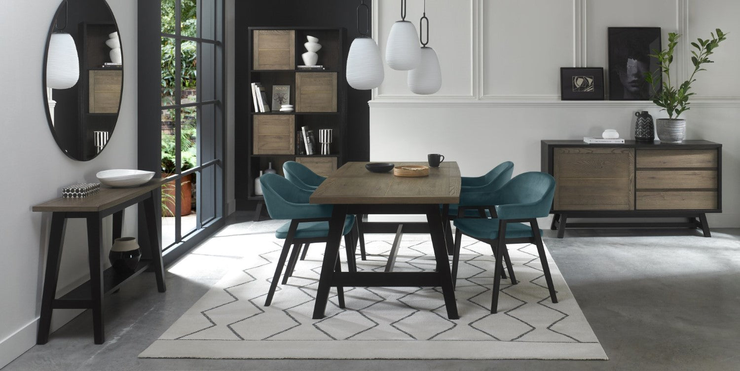 Weathered Oak Dining Table Set 4 Blue Velvet Arm Chairs - Home Furniture Interiors