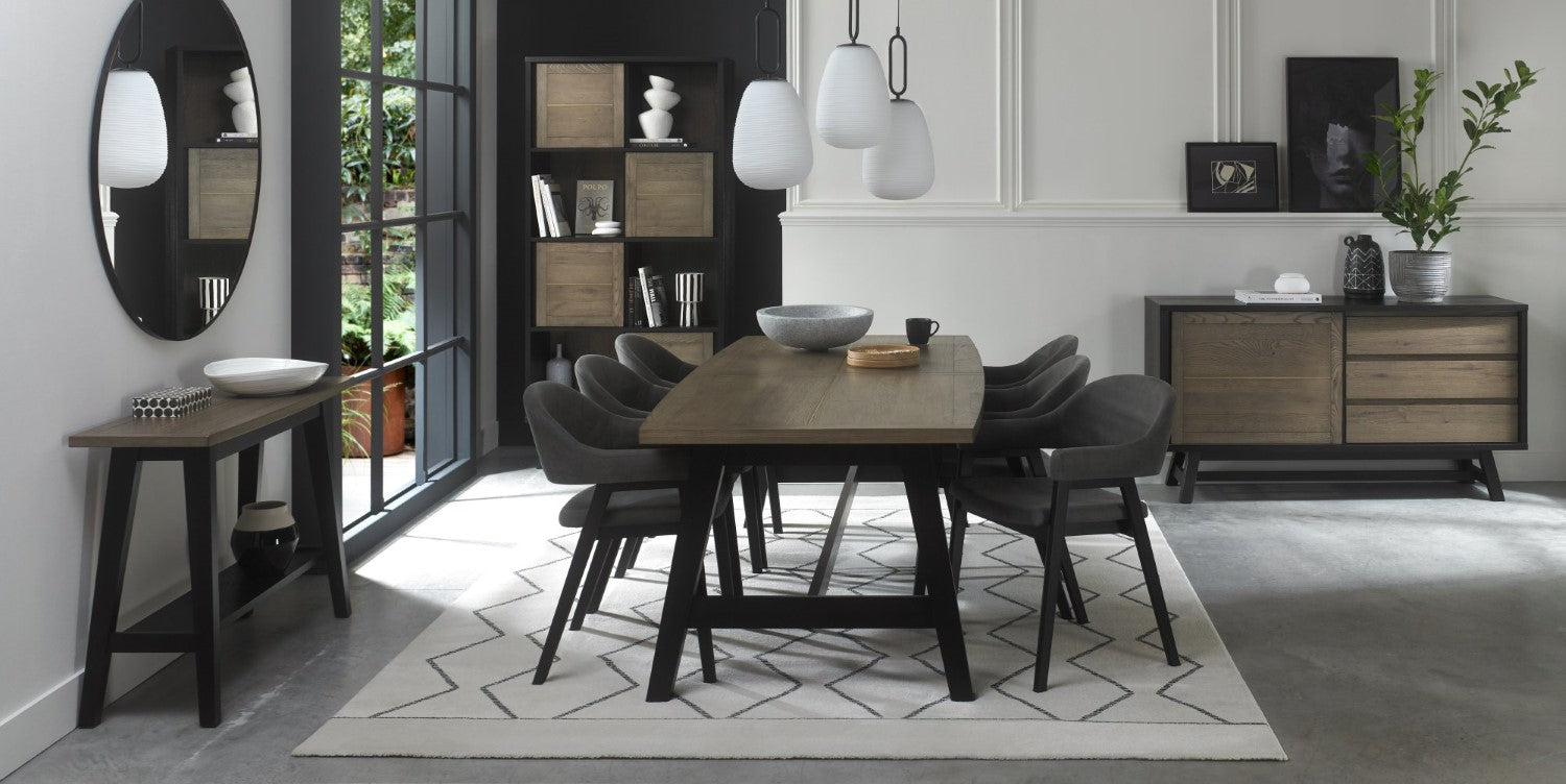 Weathered Oak Ext. Dining Table 6 Dark Grey Velvet Chairs Set - Home Furniture Interiors