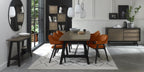 Weathered Oak Ext. Dining Table 6 Orange Velvet Chairs Set - Home Furniture Interiors