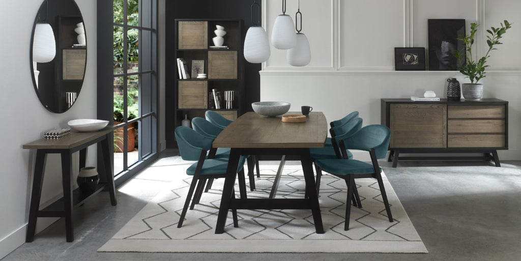 Weathered Oak Dining Table Set 6 Blue Velvet Side Chairs - Home Furniture Interiors