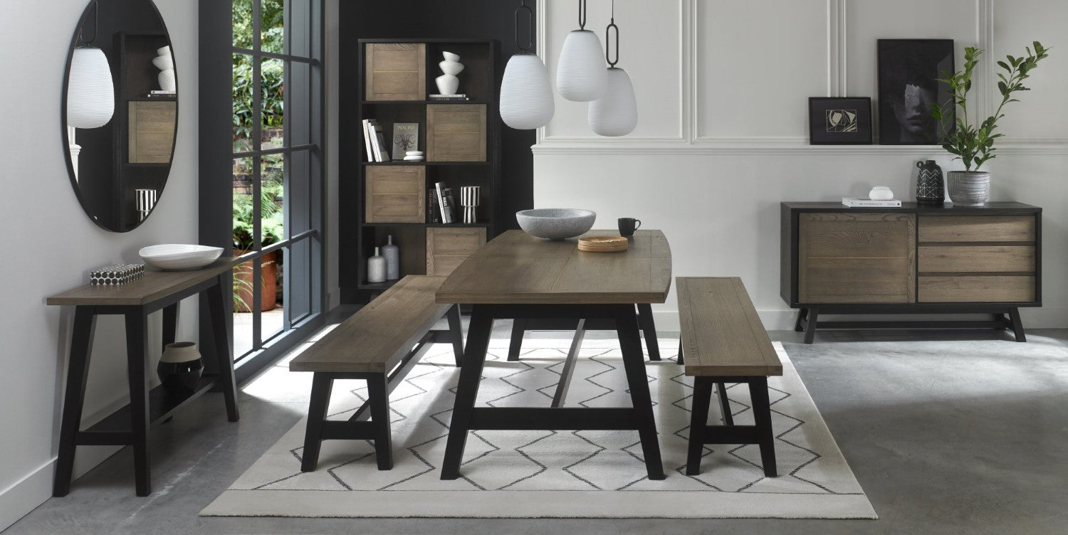 Weathered Oak Extending Dining Table Set 2 Large Benches - Home Furniture Interiors