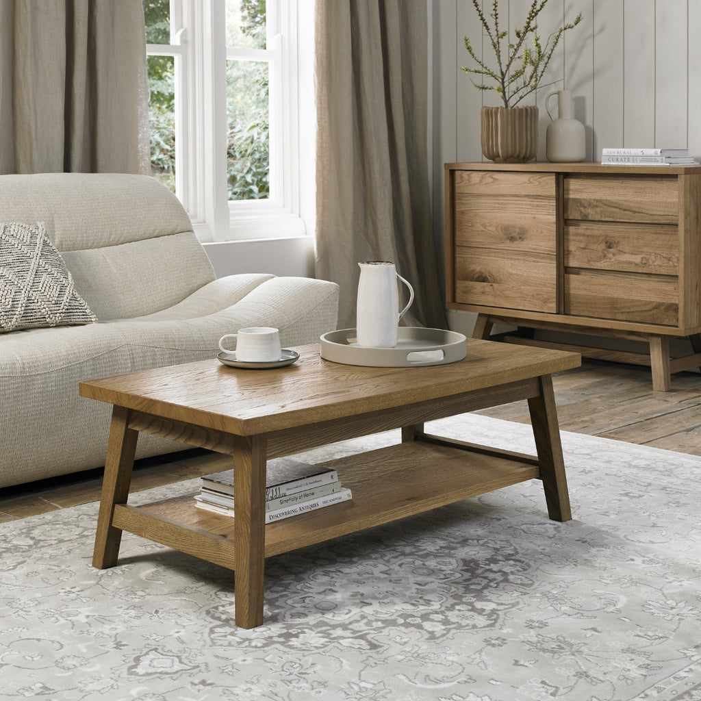 Rustic Oak Rectangular Low Coffee Table with Lower Shelf